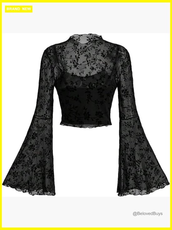 Tops - Gothic Y2K Mesh Long Bell Sleeve Crop Top Country Concert Outfit